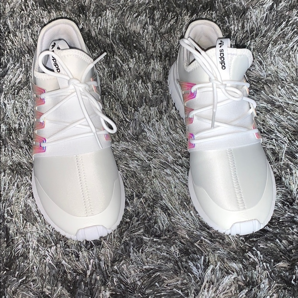 White/iridescent Adidas tubular sneakers